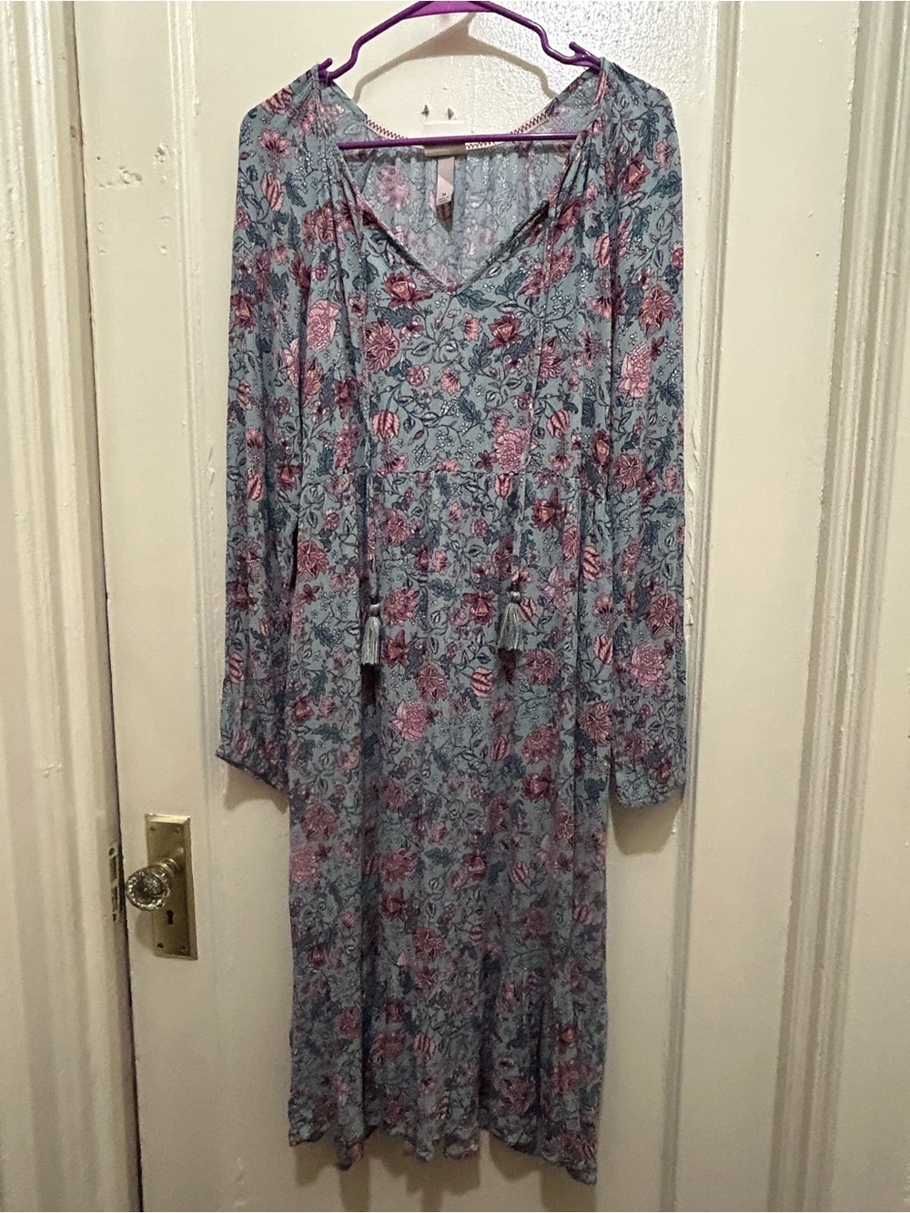 Knox Rose Blue Floral Long-Sleeve Tie-Front Midi Dress M Rayon Multi Color
